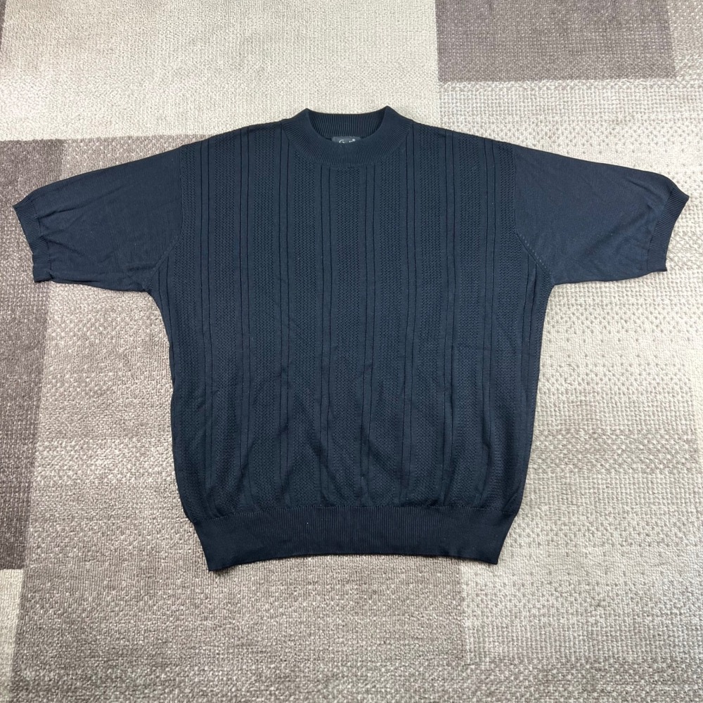 Genelli Mens Black 100% Silk Knit Coastal Ribbed Short Sleeve Sweater Size M